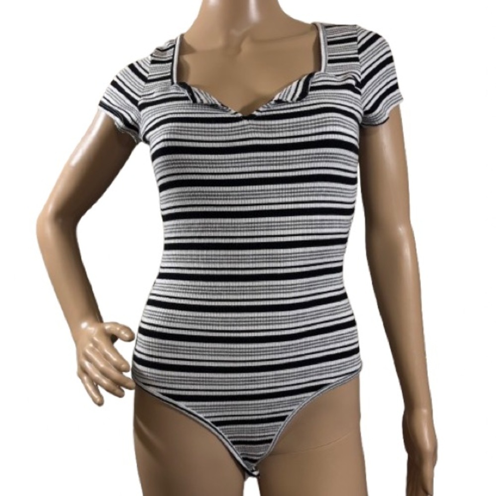 Just Fab Black White Striped Body Suit Size M